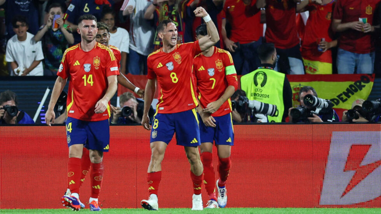 L'Espagnol Fabian Ruiz célèbrant son but inscrit contre la Géorgie, en 8e de finale de l'Euro 2024. © Thilo Schmuelge, Reuters