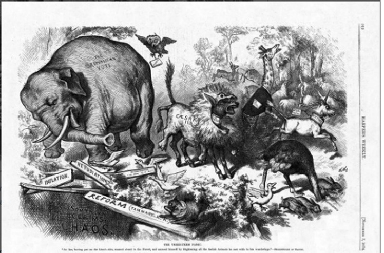 «The Third Party Panic» de Thomas Nast dépeint le Parti démocrate en âne déguisé en lion, faisant peur à tous les animaux sauf à un éléphant portant l'inscription «le vote républicain». Thomas Nast