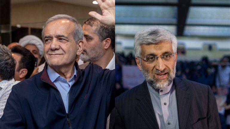 L'ultraconservateur Saeed Jilili (à droite), et le réformateur Massoud Pezeshkian (à gauche)  candidats pour le second tour de la présidentielle en Iran.