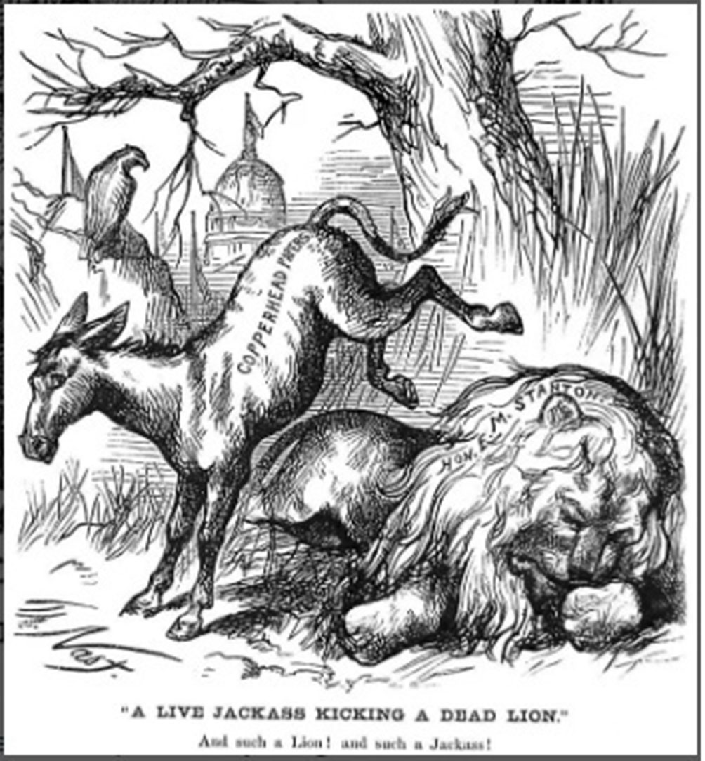 Le 15 janvier 1870, Thomas Nast publie dans Harper's Weekly une gravure intitulée «A live Jackass Kicking a Dead Lion». Thomas Nast